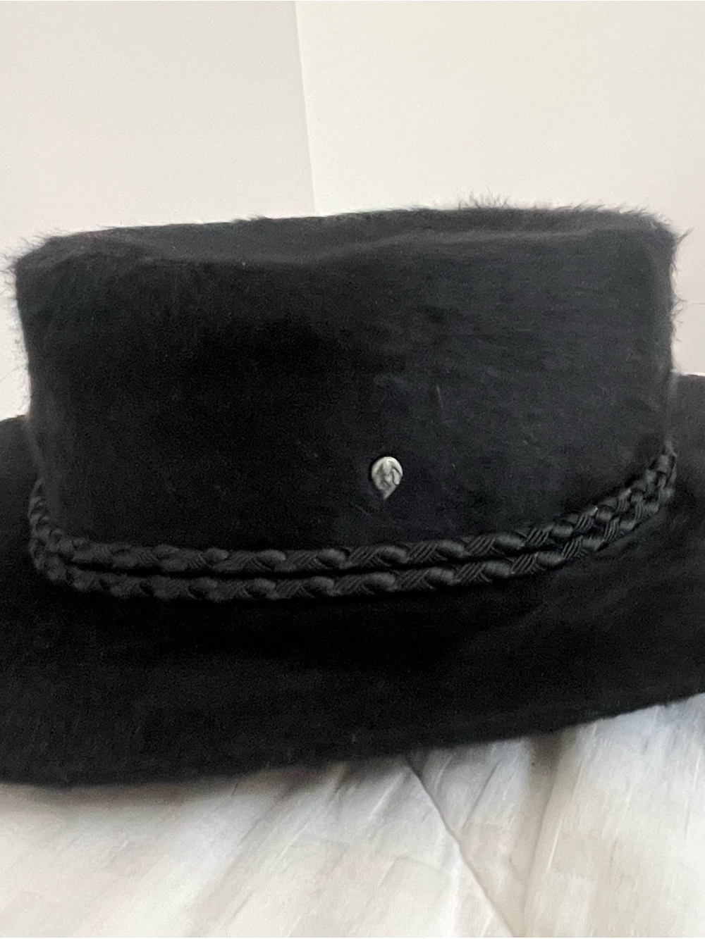 Helen Kaminski Black Fuzzy Fur Felt Wide Brim Hat W/ Braided Band - Sz S
